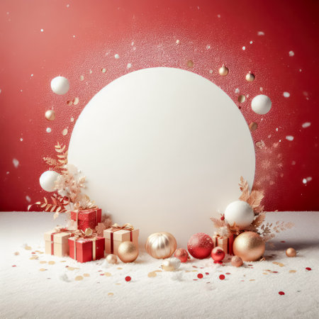 Christmas background with white round frame, balls, gift boxes and snowflakes on red backgroundの素材