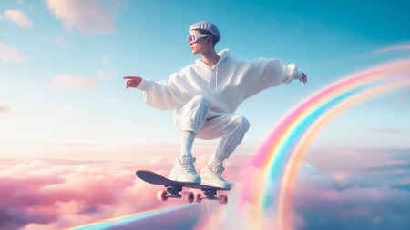 Young woman riding a skateboard in the rainbow sky virtual space. Metaverse sports concept.の素材