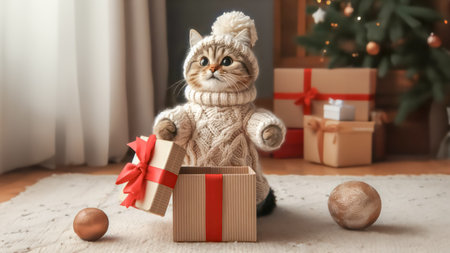 Cute cat with the gift box in living room on christmas backgroundの素材