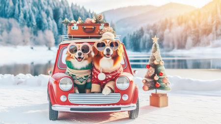 Cute dogs in red car on the background of winter mountains and christmas tree.の素材