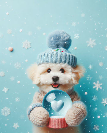 Cute puppy dog holding a snow globe and falling snow background. Winter Christmas and new year conceptの素材