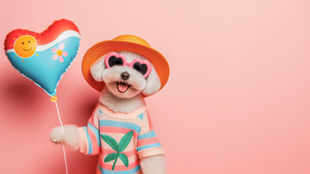 Cute puppy dog holding heart balloon on isolated background. Valentine's day conceptの素材