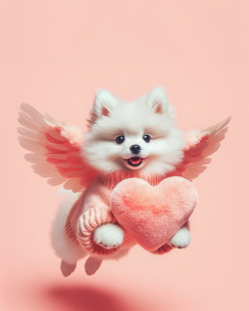 Cute fluffy white pomeranian dog with angel wings and red heart on pink backgroundの素材