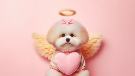 Cute dog with angel wings and heart on pink backgroundの素材