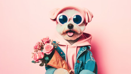 Cute funny dog holding with bouquet of roses in Valentine day conceptの素材