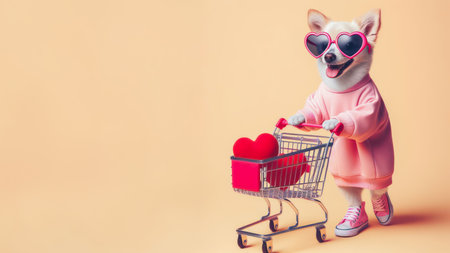 Cute funny dog holding a Shopping cart with heart inside. Valentines day conceptの素材