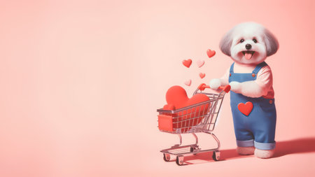 Cute funny dog holding a Shopping cart with heart inside. Valentines day conceptの素材