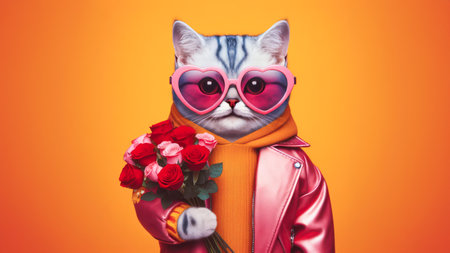 Cute funny cat holding with bouquet of roses in Valentines day concept.の素材