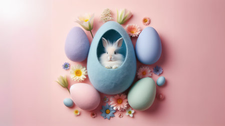 Easter egg with white bunny and flowers on pastel pink background. Happy Easter Conceptの素材