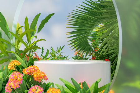 3d render of white podium with palm leaves and flowers in the gardenの写真素材