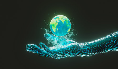 Planet earth in humanoid hand, 3d rendering.