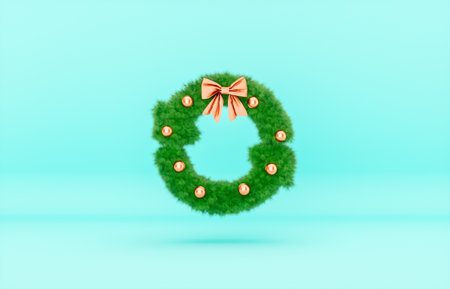 Christmas wreath with red bow on green background. 3D renderingの写真素材