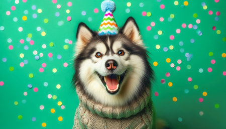Cute dog with party hat on celebration background.の素材