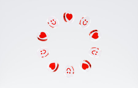 Social media love and smile emojis in 3D glass style. for Valentineâ€™s Day, relationship, and...