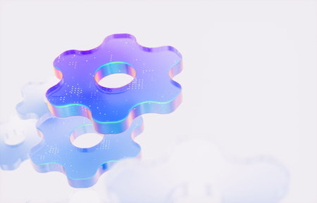 Abstract glass gear system for Web3, Blockchain and AI infrastructure. 3d renderingの写真素材