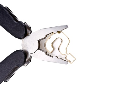 Technical support blank with copy space. On image: pliers,  golden plexiglas question mark.