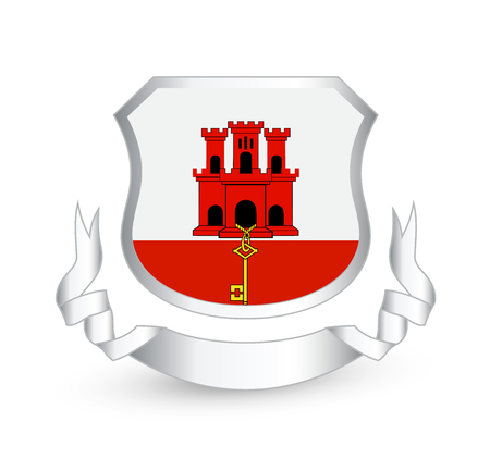 Gibraltar flag in shield and ribbon. Vector illustration.のイラスト素材