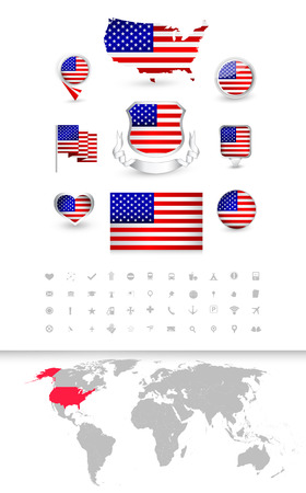 USA Flag Collection and Detailed World Map. Vector Travel Set.のイラスト素材