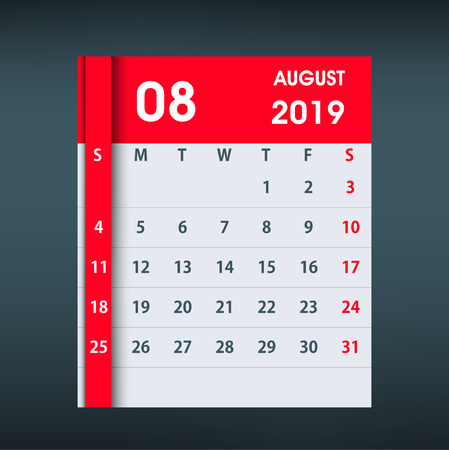 August 2019 Calendar Leaf. Flat design. Monthly calendar design template. Week starts on Sunday. Business vector illustration.のイラスト素材