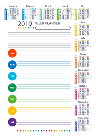 2019 Colorful Week Planner. Calendar Poster. Vector Template.のイラスト素材