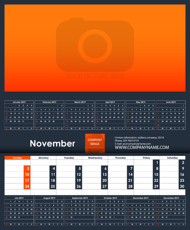 2019 Calendar template. November. Place for your photo. Business Planner Template. Stationery Design. Week starts Sunday. 1 large month on the page and all year little months. Vector Illustrationのイラスト素材