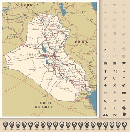 Iraq Road Map and map icons with capital Baghdad, national borders, important cities, roads, highways, railroads, rivers and lakes.のイラスト素材