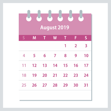 August 2019 Calendar Leaf. Monthly calendar design template. Week starts on Sunday. Business vector illustration.のイラスト素材