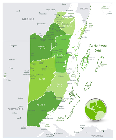 Belize Map Spot Green Colors. Spot Green Colors map of Belize isolated on white. Vector illustration with english labeling and scale.のイラスト素材