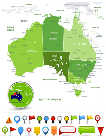 Australia Map Spot Green Colors and glossy icons. Detailed vector illustration of map.のイラスト素材