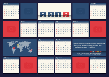 Calendar 2019 Vector Flat Design Template for Travel Company. Week Starts Sunday.Square stylized.のイラスト素材