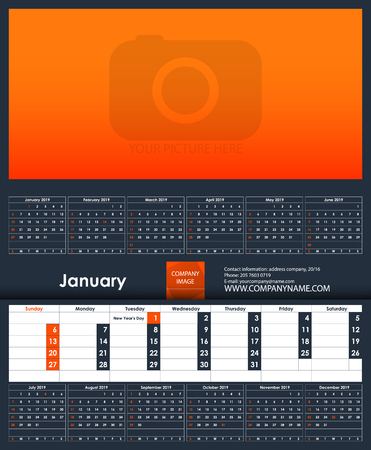 2019 Calendar template. January. Place for your photo. Business Planner Template. Stationery Design. Week starts Sunday. 1 large month on the page and all year little months. Vector Illustration.のイラスト素材