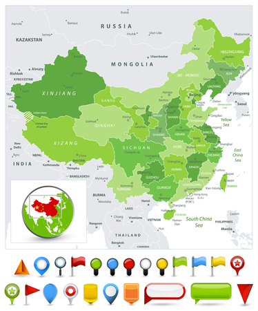 China Map Spot Green Colors and glossy icons. Detailed vector illustration of map.のイラスト素材