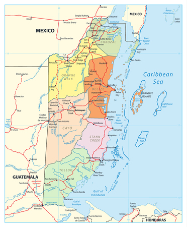 Belize Political Map. Detailed Political map of Belize with the capital Belmopan, national borders, roads, most important cities, rivers and lakes. Vector illustration with english labeling and scale.