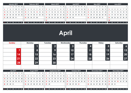 2019 April Calendar Planner. Business Planner Template. A3 size. Stationery Design. Week starts Sunday. 1 large month on the page and all year little months. Vector Illustrationのイラスト素材