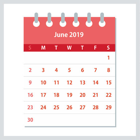 June 2019 Calendar Leaf. Monthly calendar design template. Week starts on Sunday. Business vector illustration.のイラスト素材