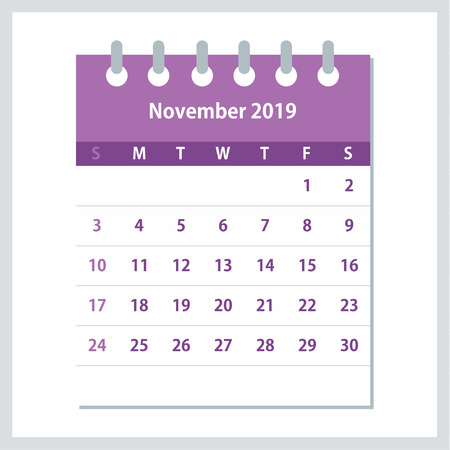 November 2019 Calendar Leaf. Monthly calendar design template. Week starts on Sunday. Business vector illustration.のイラスト素材