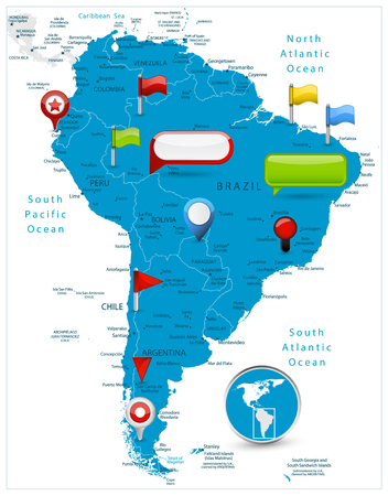 South America Map and glossy icons on map. Detailed vector illustration of map.のイラスト素材