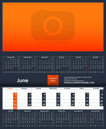 2019 Calendar template. June. Place for your photo. Business Planner Template. Stationery Design. Week starts Sunday. 1 large month on the page and all year little months. Vector Illustrationのイラスト素材