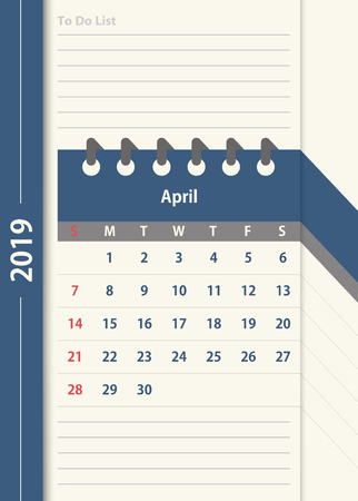 April 2019 calendar. Monthly calendar design template in vintage color and to do list planner. Week starts on Sunday. Business vector illustration.のイラスト素材