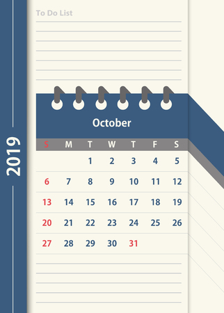 October 2019 calendar. Monthly calendar design template in vintage color and to do list planner. Week starts on Sunday. Business vector illustration.のイラスト素材