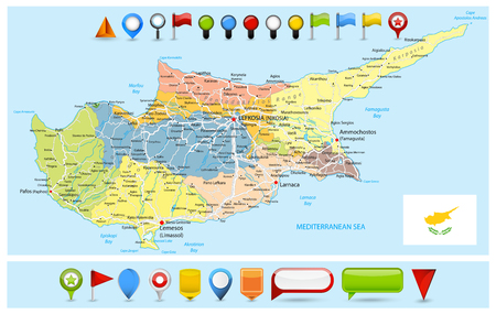 Cyprus Political Map with roads and Glossy Map Icons. Detail administrative vector map of Cyprus with roads and icons.のイラスト素材