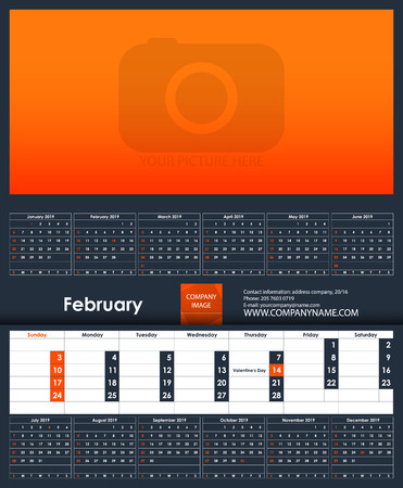 2019 Calendar template. February. Place for your photo. Business Planner Template. Stationery Design. Week starts Sunday. 1 large month on the page and all year little months. Vector Illustration.のイラスト素材