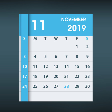 November 2019 Calendar Leaf. Flat design. Monthly calendar design template. Week starts on Sunday. Business vector illustration.のイラスト素材