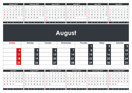 2019 August Calendar Planner. Business Planner Template. A3 size. Stationery Design. Week starts Sunday. 1 large month on the page and all year little months. Vector Illustrationのイラスト素材