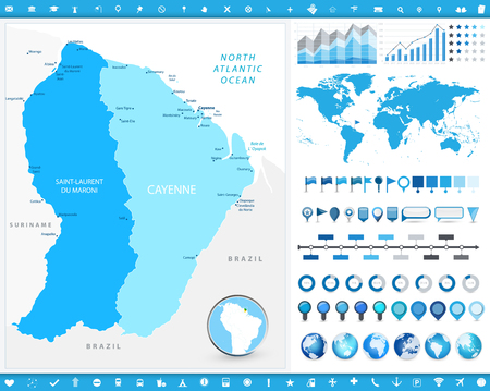 French Guiana Map and infographic elements. Detailed vector illustration of map.のイラスト素材
