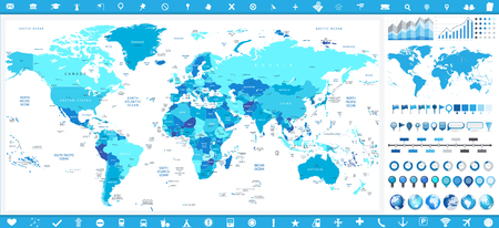 World Map in colors of blue and infographic elements. Detailed vector illustration of map.のイラスト素材
