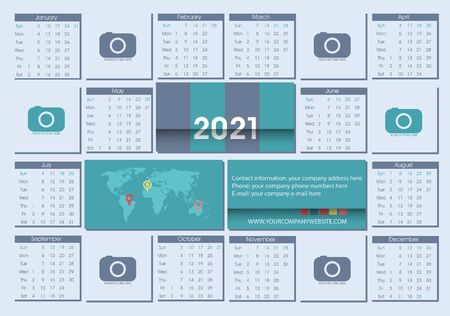 Calendar 2021 Vector Flat Design Template. Week Starts Sunday. Square stylized.のイラスト素材