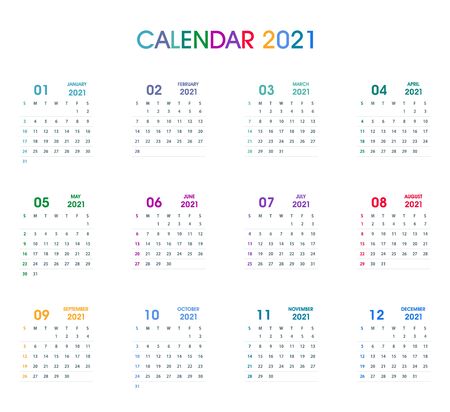 2021 Simple Color Calendar Flat design. Isolated on white. Calendar design template. Week starts on Sunday. Business vector illustration.のイラスト素材
