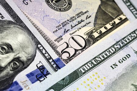 Detail view of 50 dollars bill. Closeup on 50 dollars banknote.の写真素材