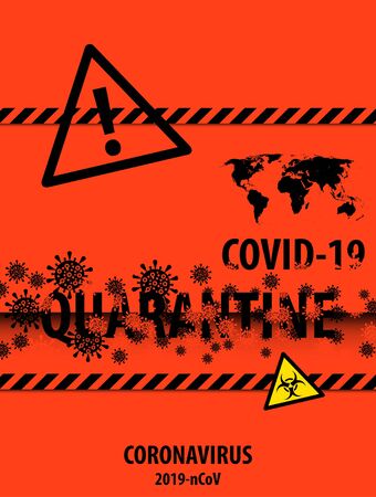 Pandemic stop Coronavirus outbreak covid-19 2019-nCoV quarantine poster. Closed for quarantine pandemic Coronavirus vector. Black on orange safety poster.のイラスト素材